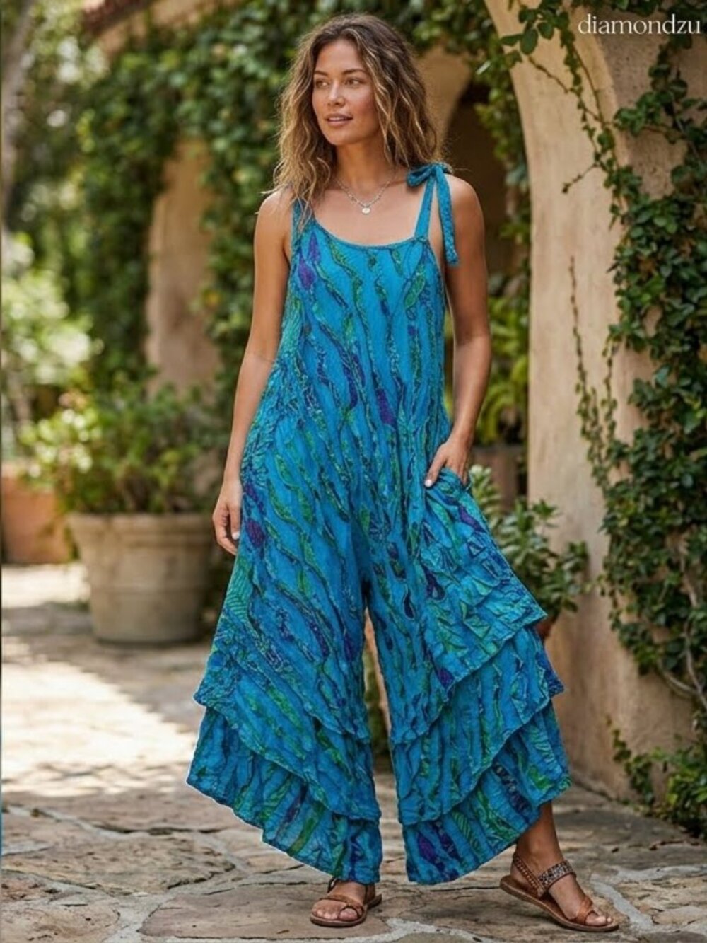 Women's Blue Textured Asymmetrical Wide Leg Shoulder Tie Pockets Jumpsuit Romper